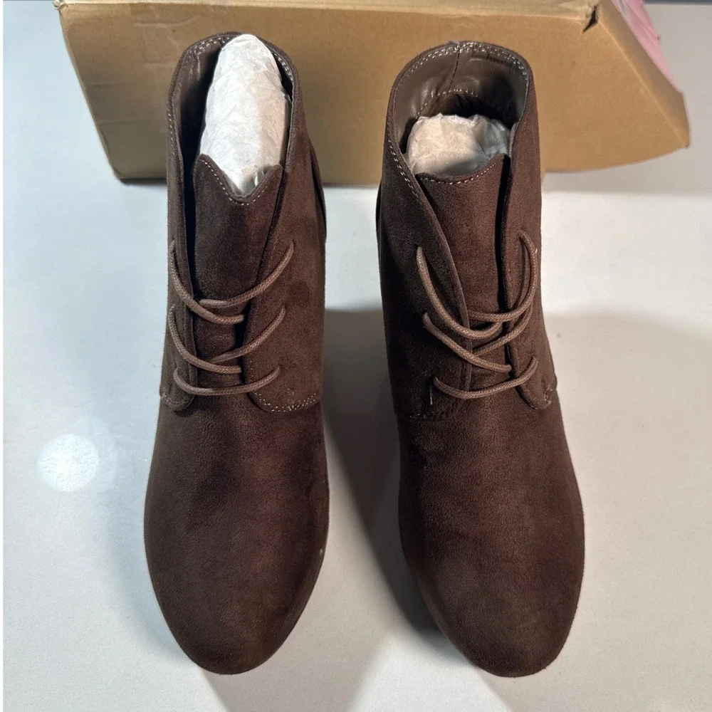 Journee Collection Wedge Booties Brown New Lace Up Faux Suede